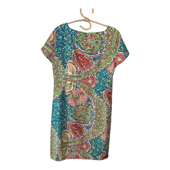 Talbots Silk Cap Sleeve Boat Neck Shift Dress Blue Coral Pink Knee Length  S 10 - Picture 6 of 16